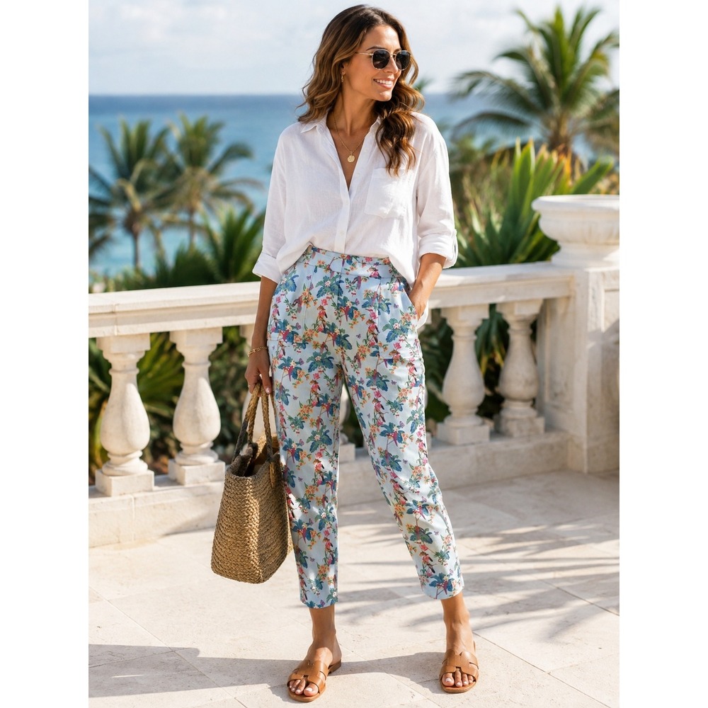 BlackMilk Tropical Birds Cuffed Pants XL Light Blue Floral Bird Print Australia